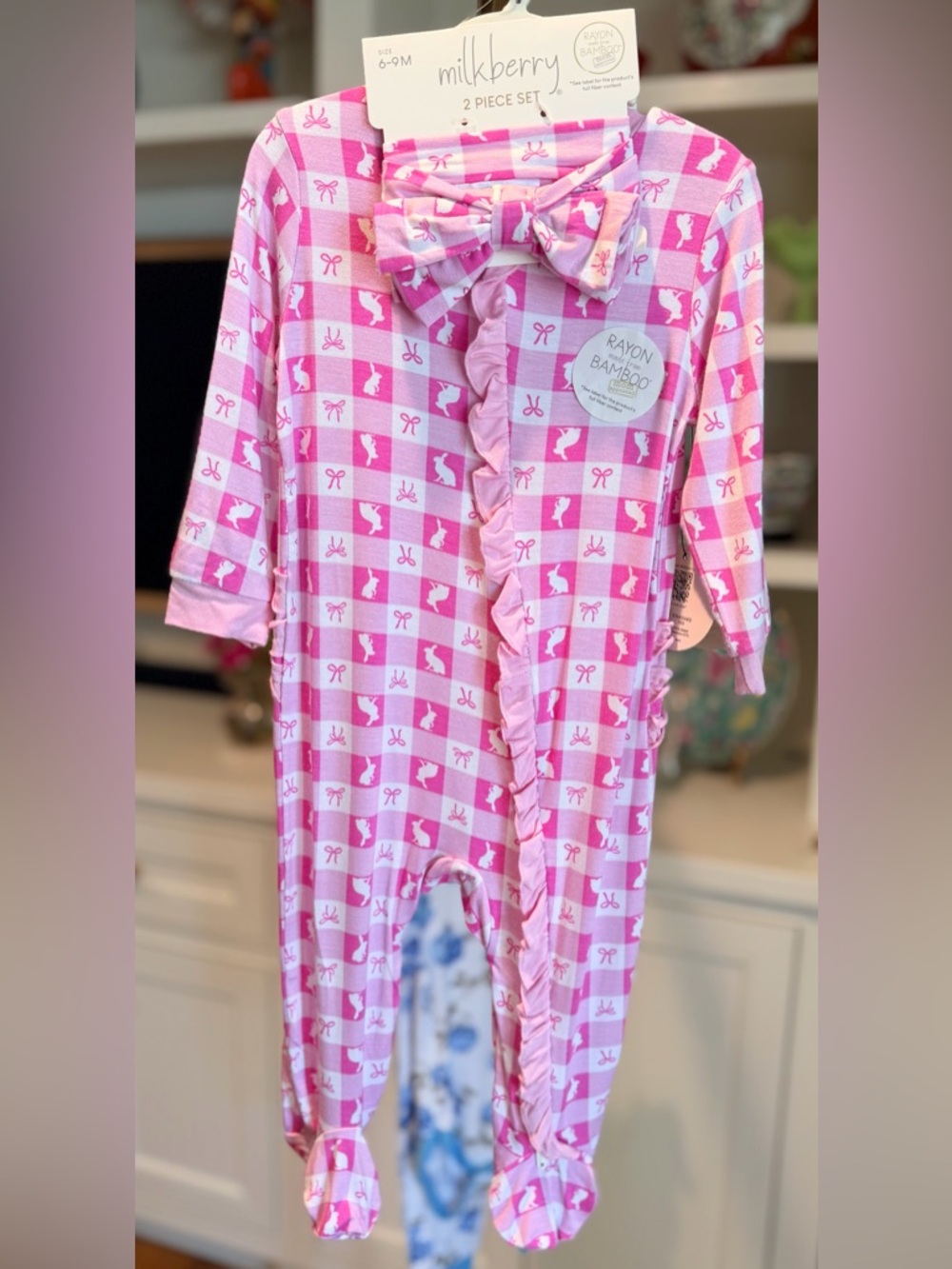 Milkberry Bamboo Rayon Bunny Ruffle Baby Onesie Set w Headband in Pink 6-9 mths